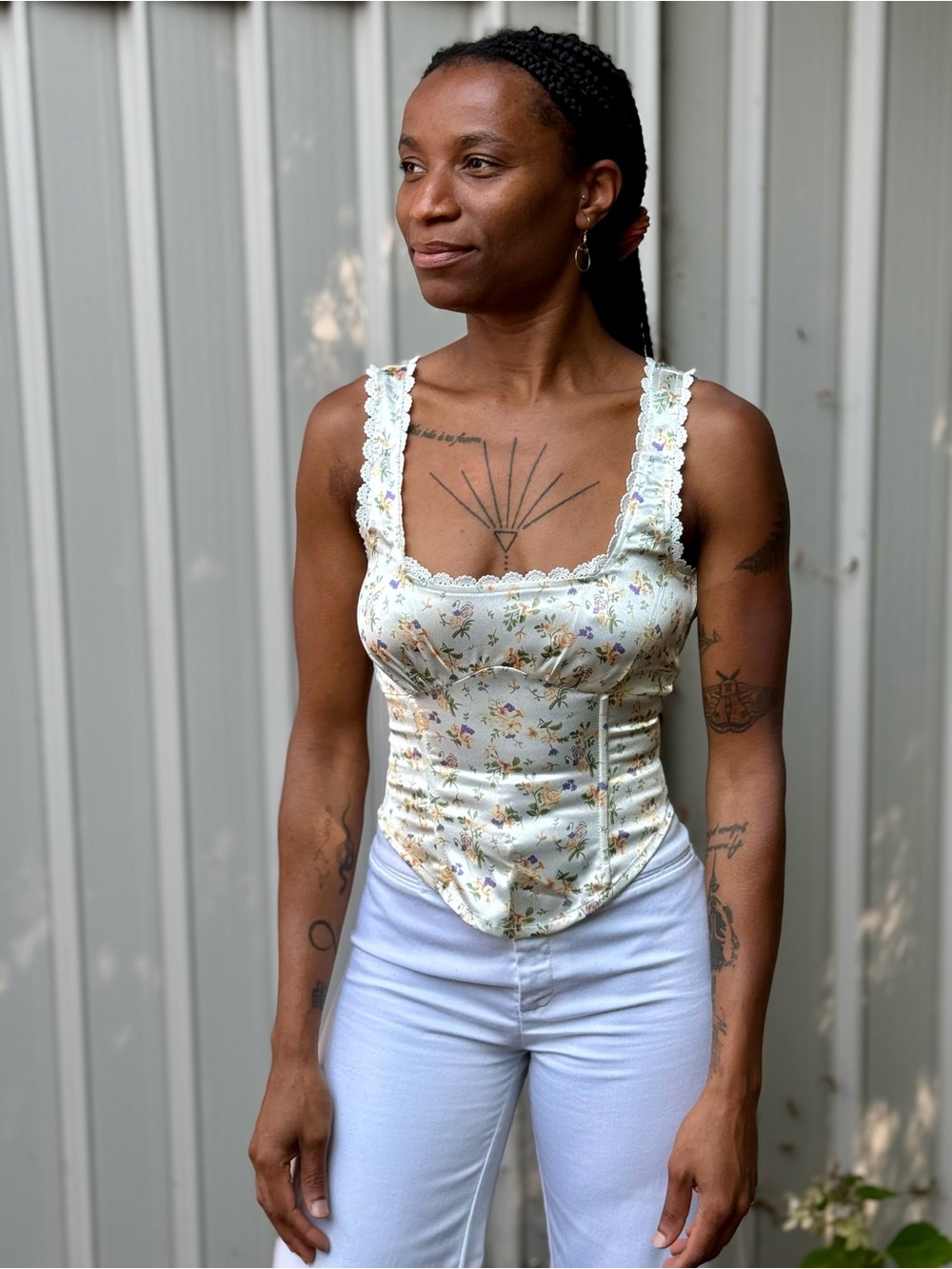 Princess Polly Floral Satin Lace-Trim Corset Bustier Tank Top - Cream